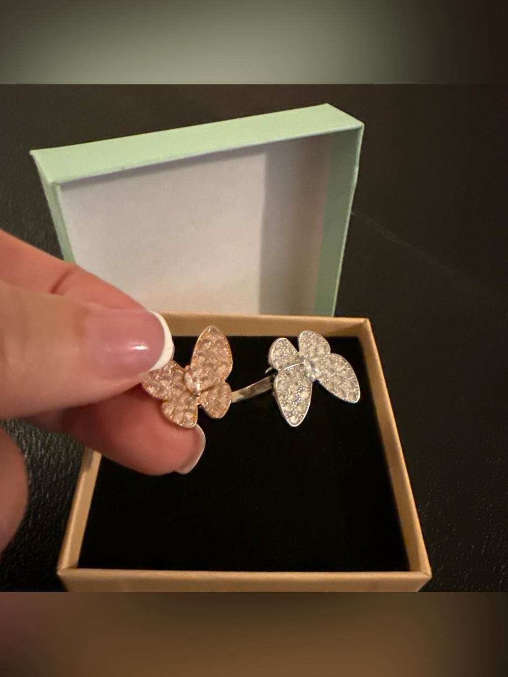 Two-Tone Crystal Butterfly Ring — Rose Gold & Silver